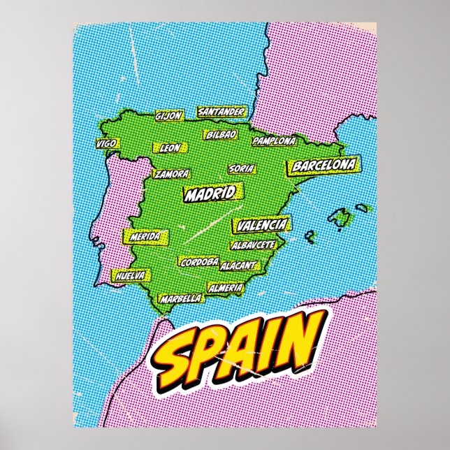 Poster Mapa da Espanha ilustrado em Pop Art (Frente)