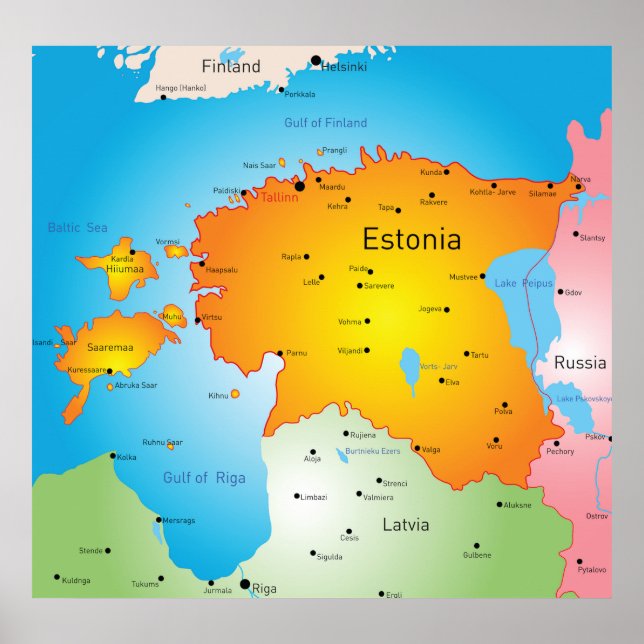Poster Mapa da Estônia País Báltico e Cidades (Frente)