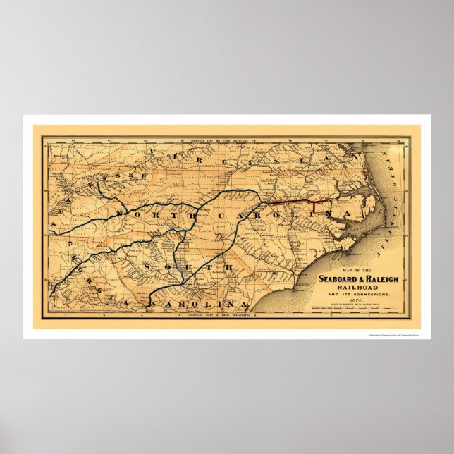 Poster Mapa da Estrada de Ferro Seaboard & Raleigh 1874 (Frente)