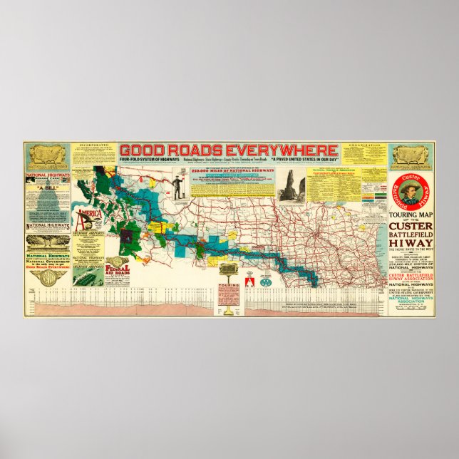 Pôster Mapa da Estrada do Campo de Batalha de Custer (Frente)