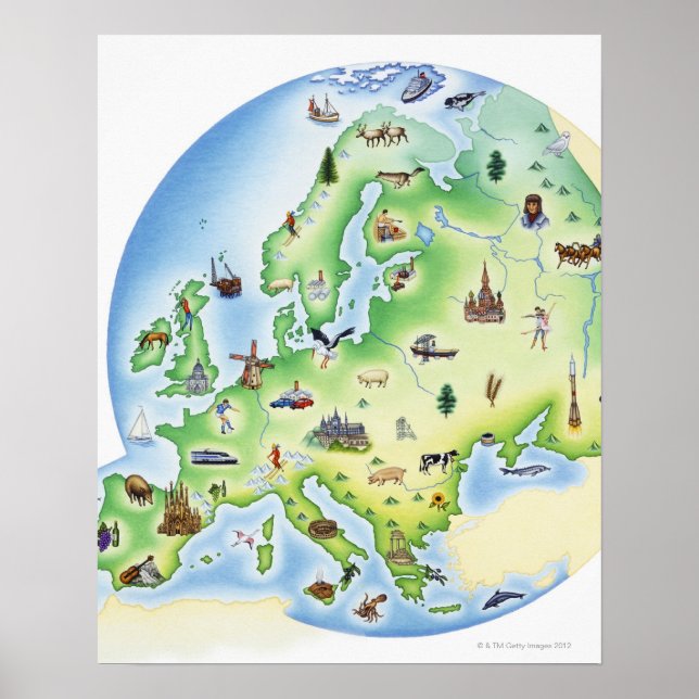Pôster Mapa da Europa com ilustrações de famoso (Frente)