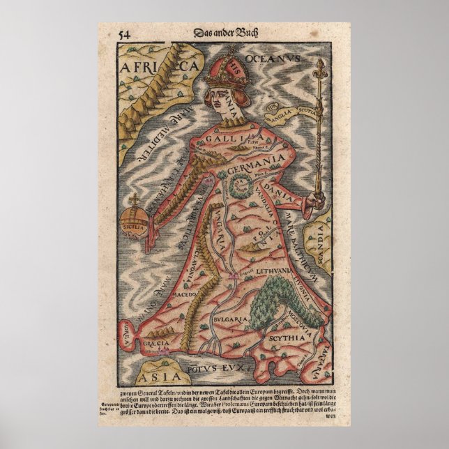 Pôster Mapa da Europa como Rainha (1570) (Frente)