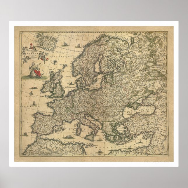 Poster Mapa da Europa por Frederico de Wit 1700 (Frente)