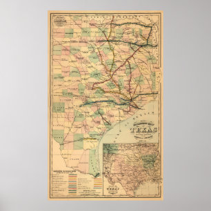 Pôster Mapa da ferrovia cinza do Texas (1877)