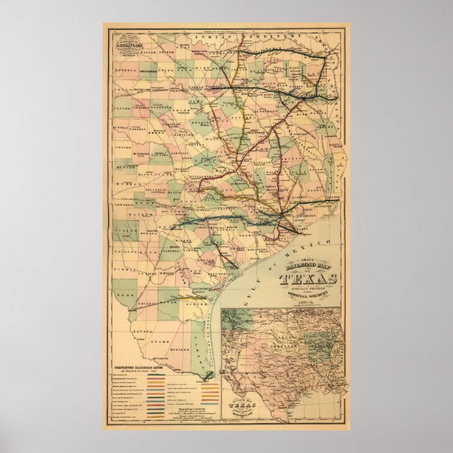 Pôster Mapa da ferrovia cinza do Texas (1877) (Frente)