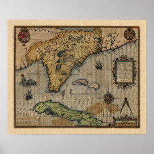 Pôster Mapa da Flórida e do Caribe (1588)