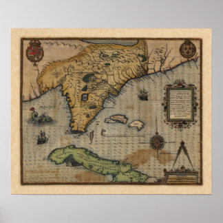 Pôster Mapa da Flórida e do Caribe (1588)