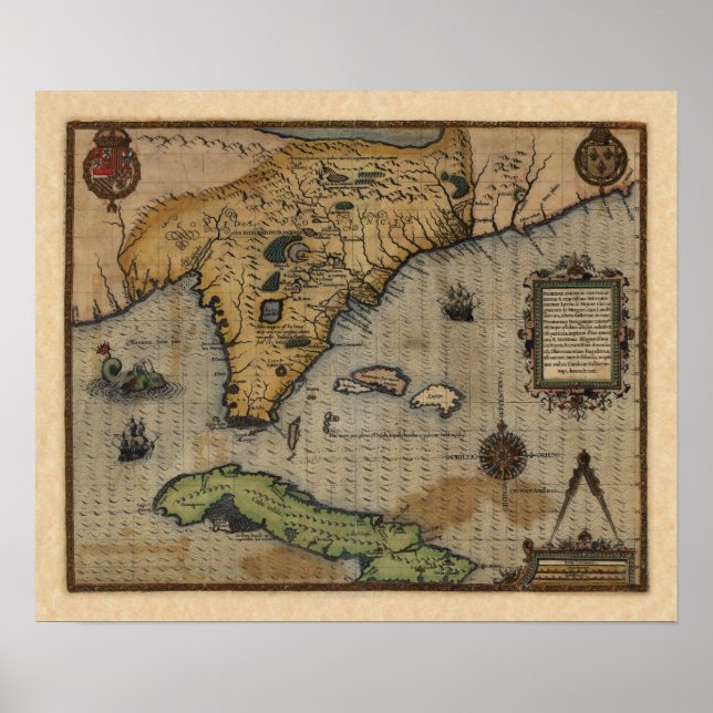 Pôster Mapa da Flórida e do Caribe (1588) (Frente)