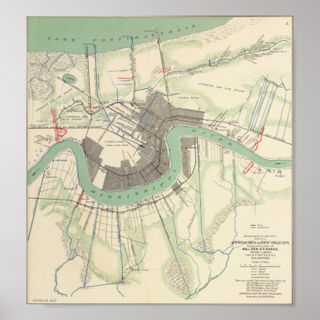 Pôster Mapa da Guerra Civil de Nova Orleans, 1863 (Frente)
