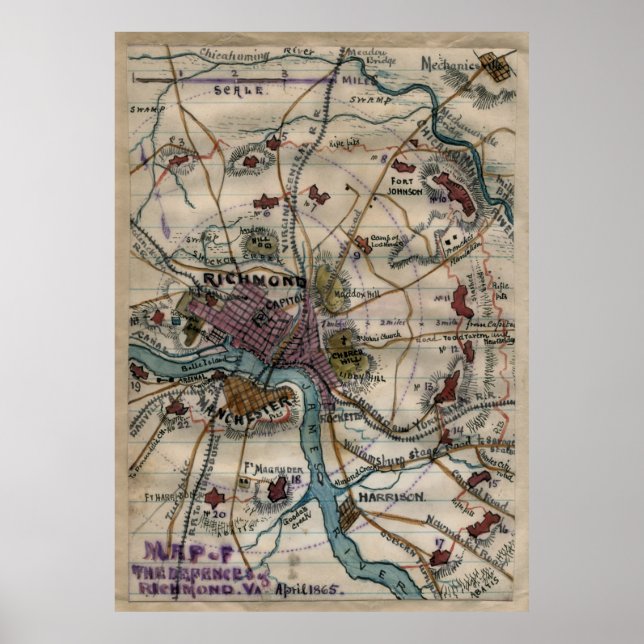 Poster Mapa da Guerra Civil de Vintage Richmond Virginia  (Frente)