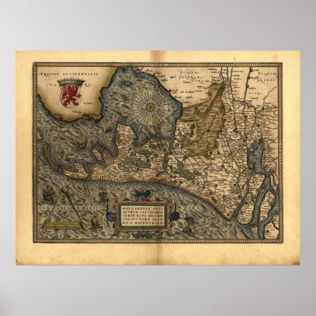 Pôster Mapa da Holanda 1570 - Abraham Ortelius (Frente)