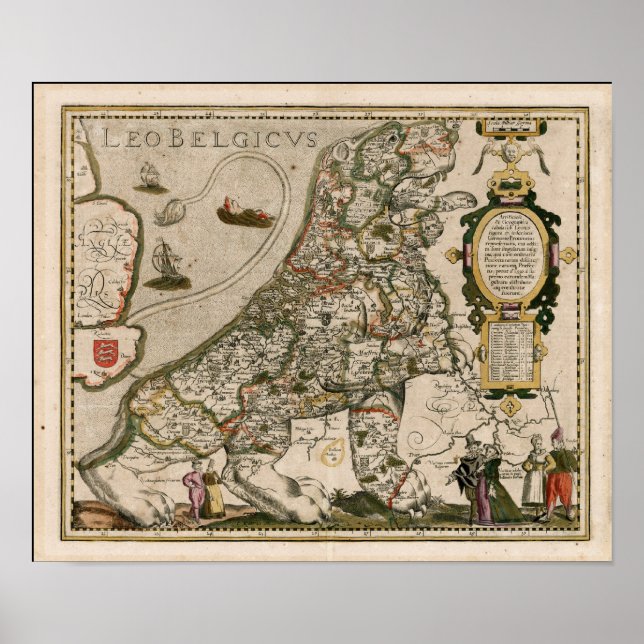Pôster Mapa da Holanda 1617 - Leo Belgicus (Frente)