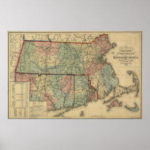 Poster Mapa da Ilha de Massachusetts & Rhode, 1879, Vinta