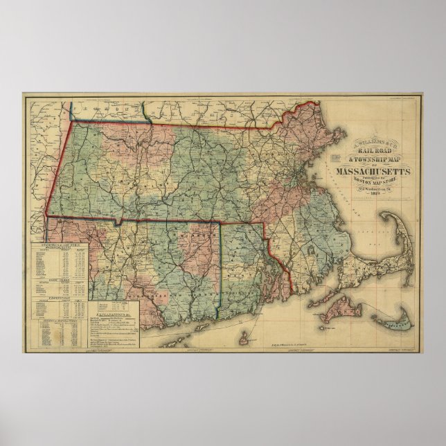 Poster Mapa da Ilha de Massachusetts & Rhode, 1879, Vinta (Frente)