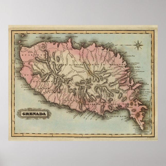 Poster Mapa da Ilha Vintage de Granada (1823) (Frente)