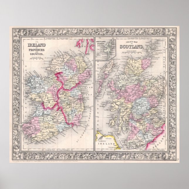 Pôster Mapa da Irlanda e da Escócia (1864) (Frente)
