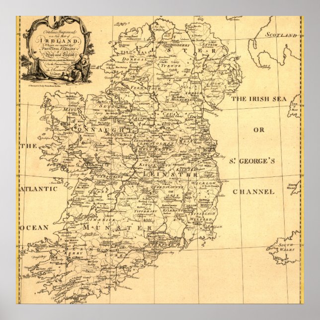 Poster Mapa da Irlanda, Famílias de Irlandês e Inglês (Frente)
