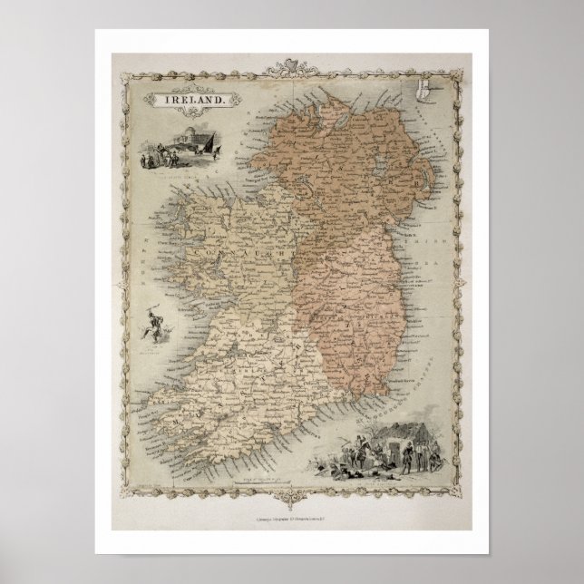 Pôster Mapa da Irlanda, publicado em c.1850 (texto origin (Frente)