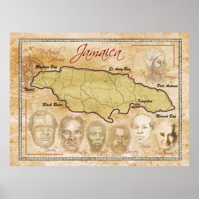 Poster Mapa da Jamaica com Heróis Nacionais (Frente)
