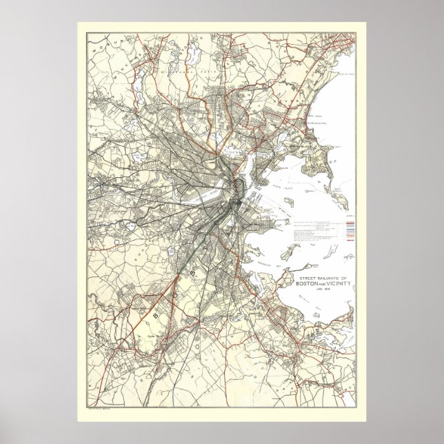 Pôster Mapa da Linha de Trânsito de Boston (1914) (Frente)