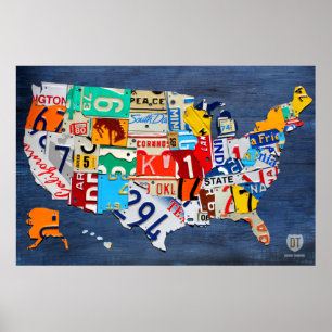 Poster Mapa da matrícula dos Estados Unidos no azul
