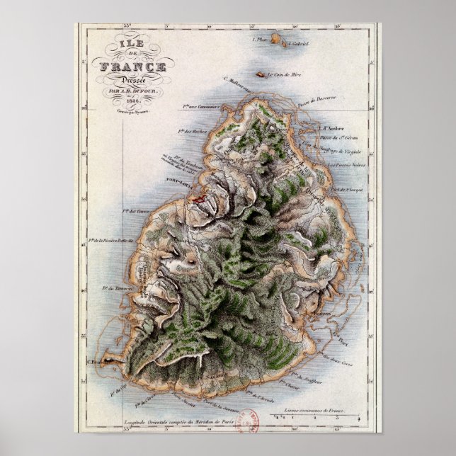 Pôster Mapa da Maurícia, ilustração "Paul et Virginie" (Frente)