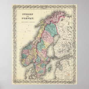 Poster Mapa da Noruega e da Suecias (1856)