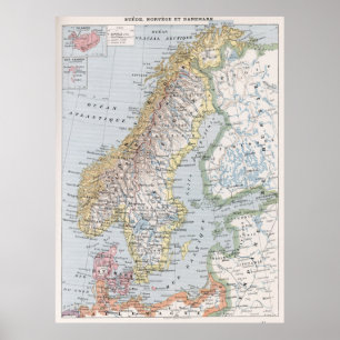 Poster Mapa da Noruega e da Suecias (1900)