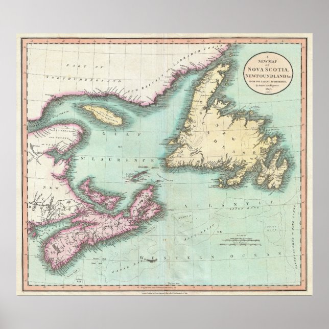 Pôster Mapa da Nova Escócia e Terra Nova (1807) (Frente)