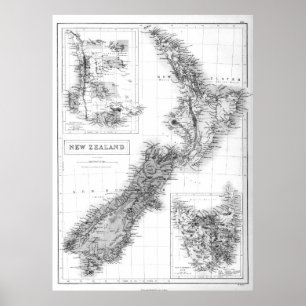 Poster Mapa da Nova Zelândia (1854) BW