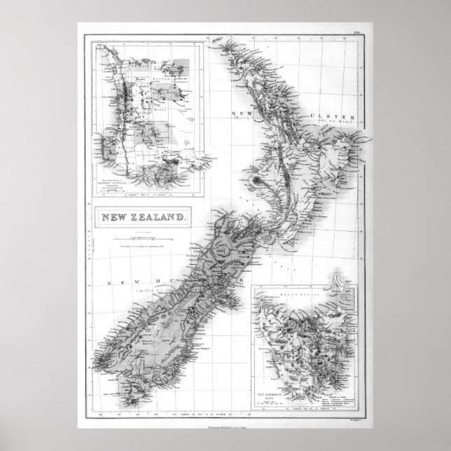 Poster Mapa da Nova Zelândia (1854) BW (Frente)