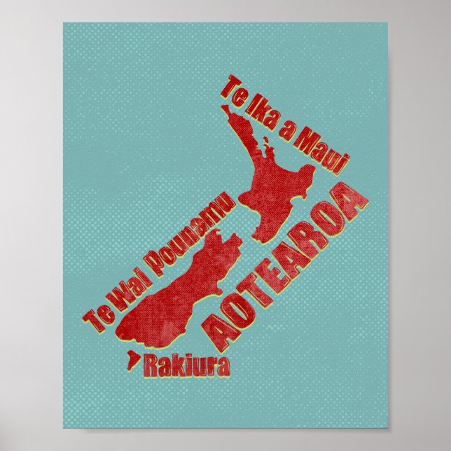Poster Mapa da Nova Zelândia Aotearoa (Frente)