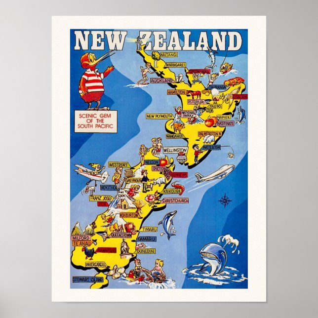Poster Mapa da Nova Zelândia Ilustrado Coloridamente (Frente)