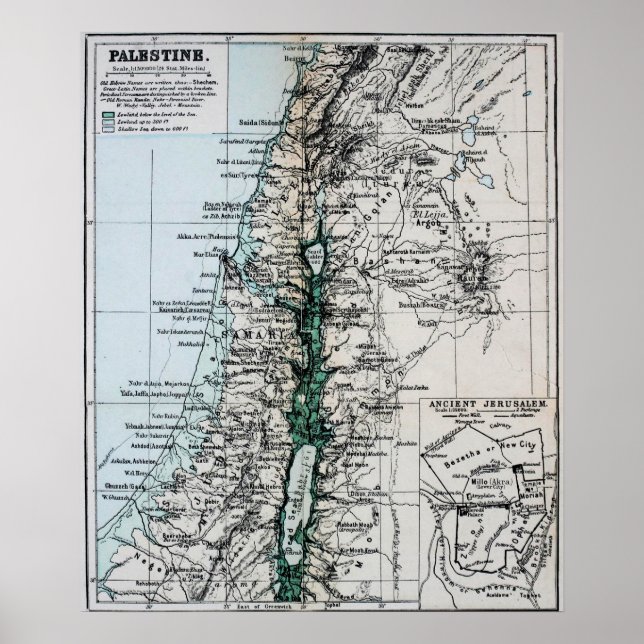 Poster Mapa da Palestina de 1889, Médio Oriente (Frente)