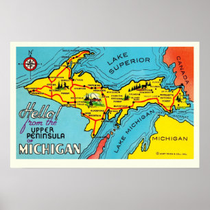 Poster Mapa da Península de Michigan 16x24