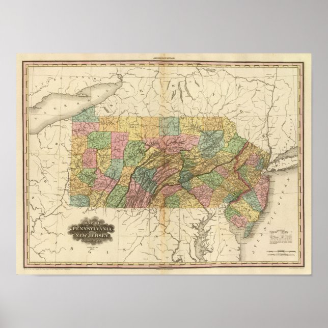Pôster Mapa da Pensilvânia e de Nova Jersey (Frente)