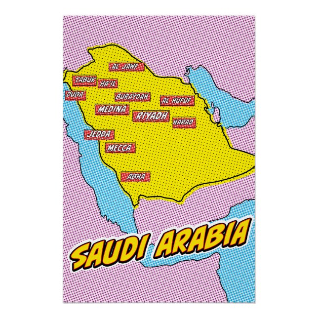 Pôster Mapa da pop Art Ilustrado da Arábia Saudita (Frente)