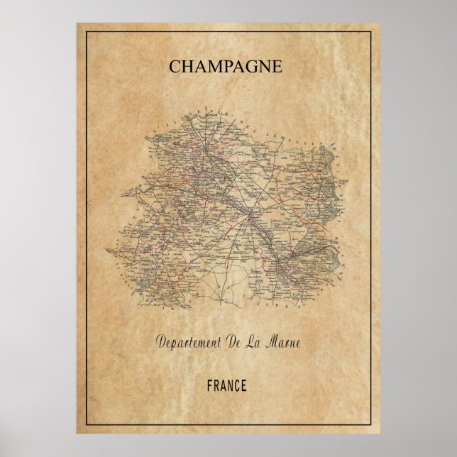 POSTER MAPA DA REGIÃO CHAMPAGNE DE FRANÇA 1852 (Frente)