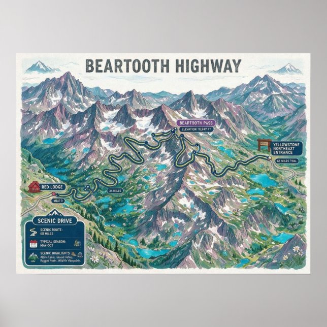 Poster Mapa da Rodovia Beartooth (Frente)