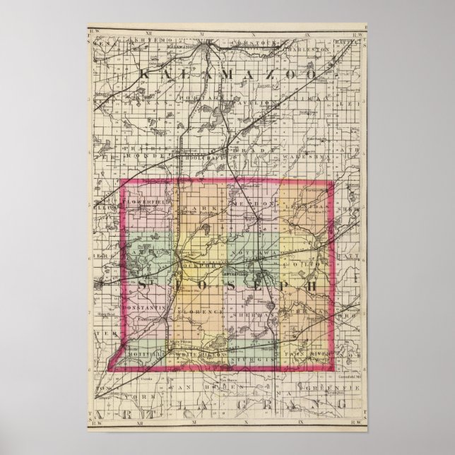 Pôster Mapa da Rua do Condado de Joseph, Michigan (Frente)