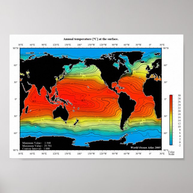 Poster Mapa da temperatura mundial dos oceanos, detalhado (Frente)