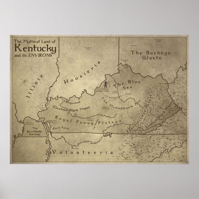 Pôster Mapa da Terra Mítica do Kentucky (Frente)