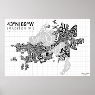Pôster Mapa da tipografia da vizinhança de Madison - B&W