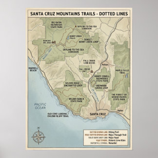 Poster Mapa da Trilha de Santa Cruz Califórnia Redwood &