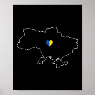 Poster Mapa da Ucrânia com Coração em Azul Amarelo Ucrani