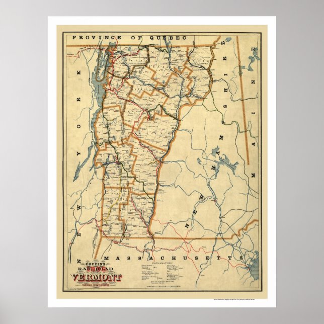 Pôster Mapa da Vermont Railroad & Town 1896 (Frente)