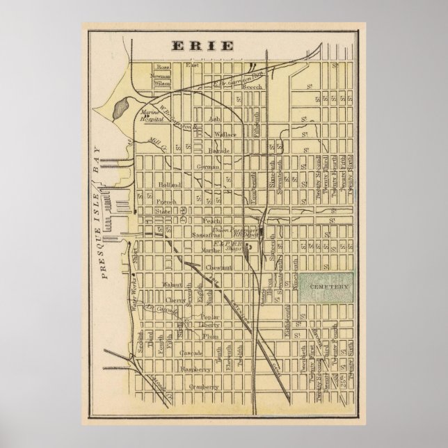 Poster Mapa da Vintage da Erie PA (1890) (Frente)