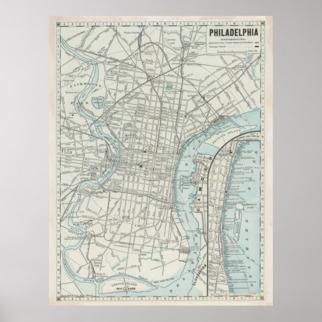 Poster Mapa da Vintage da Philadelphia PA (1889) (Frente)