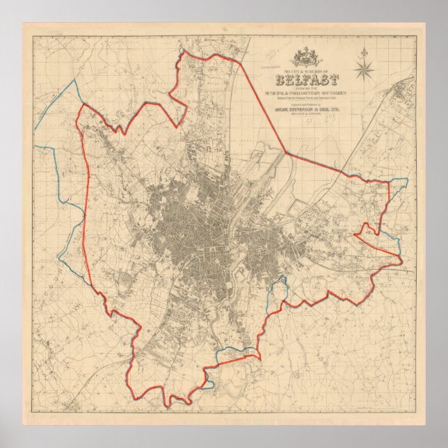 Poster Mapa da Vintage de Belfast Irlanda (1913) (Frente)