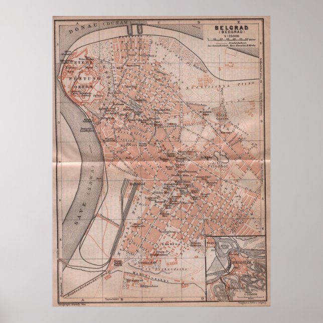 Pôster Mapa da Vintage de Belgrado Sérvia (1905) (Frente)